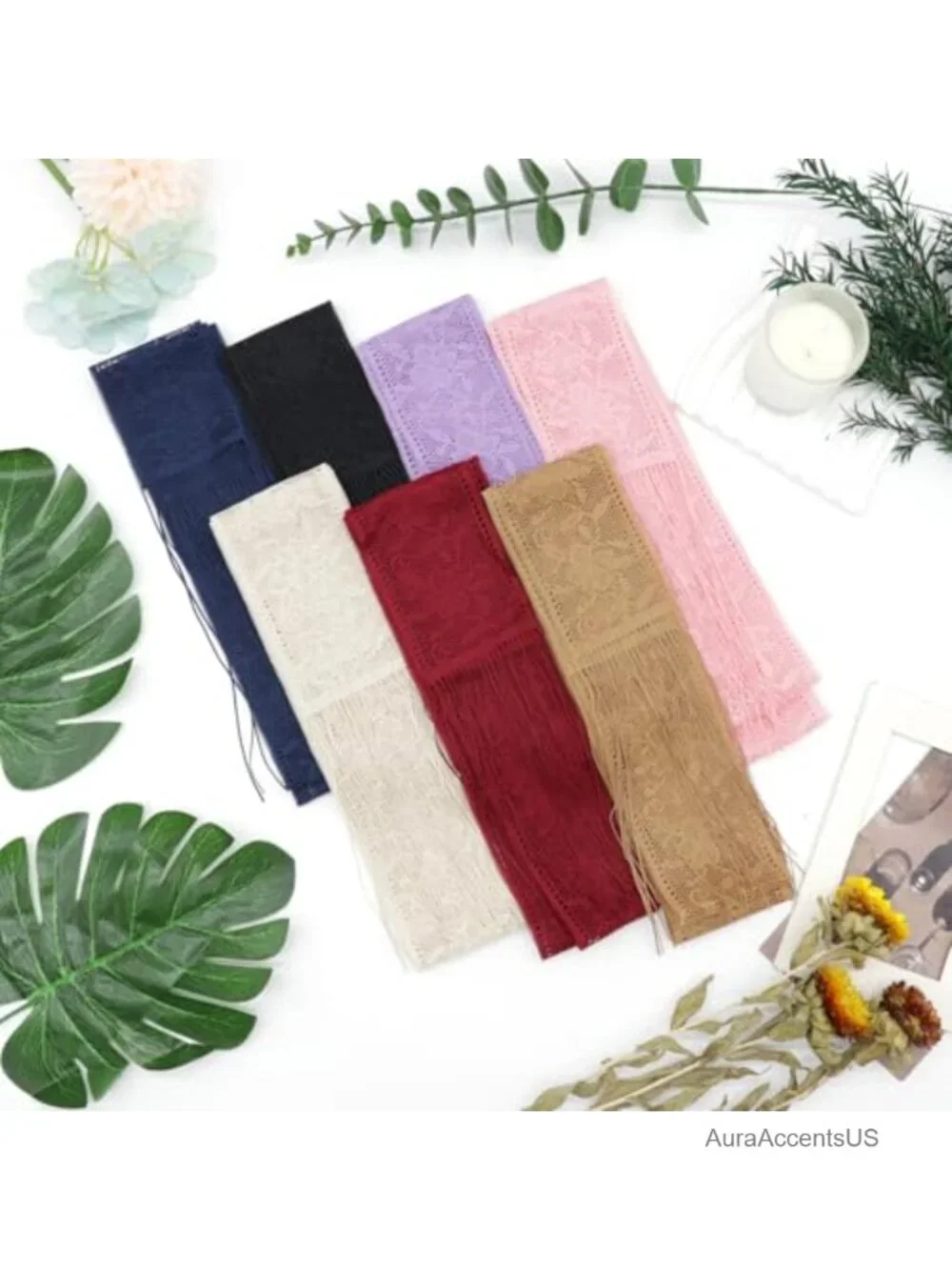 Lightweight Lace Mesh Skinny Scarf with Tassel Fringe